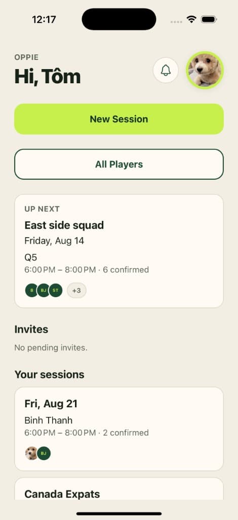OPPIE home screen with Up Next session and New Session button
