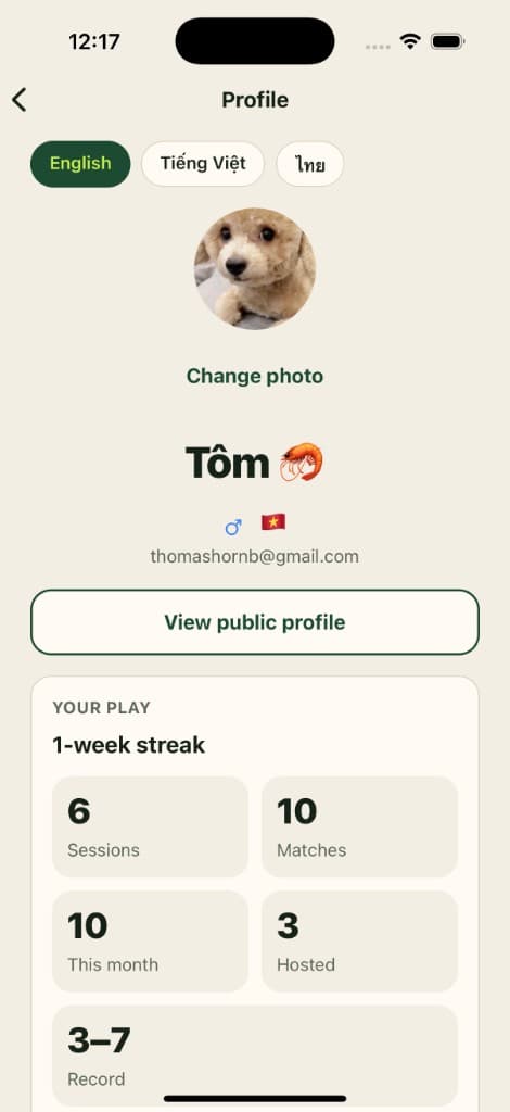 OPPIE profile showing Your Play stats and language picker